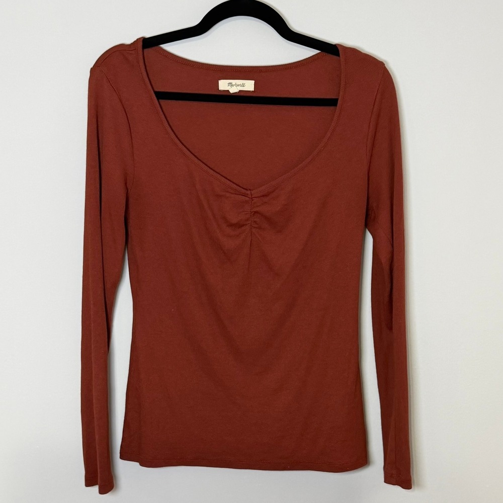 Madewell Mahogany Ruched V-Neck Top L Cottagecore Coquette Soft Girl Long Sleeve